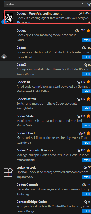 VS Code Marketplace search results with the official Codex extension by OpenAI highlighted.