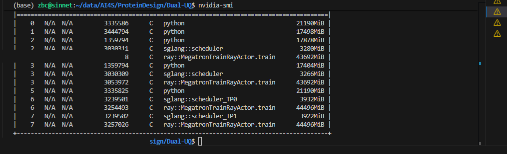 VS Code integrated terminal in a remote Linux session showing GPU process information.